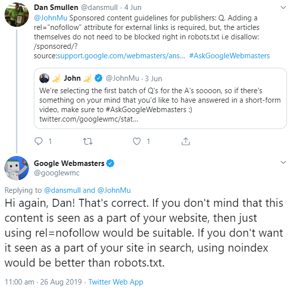 Google: Nofollow für gesponserte Beiträge genügt. Kein 'noindex' nötig