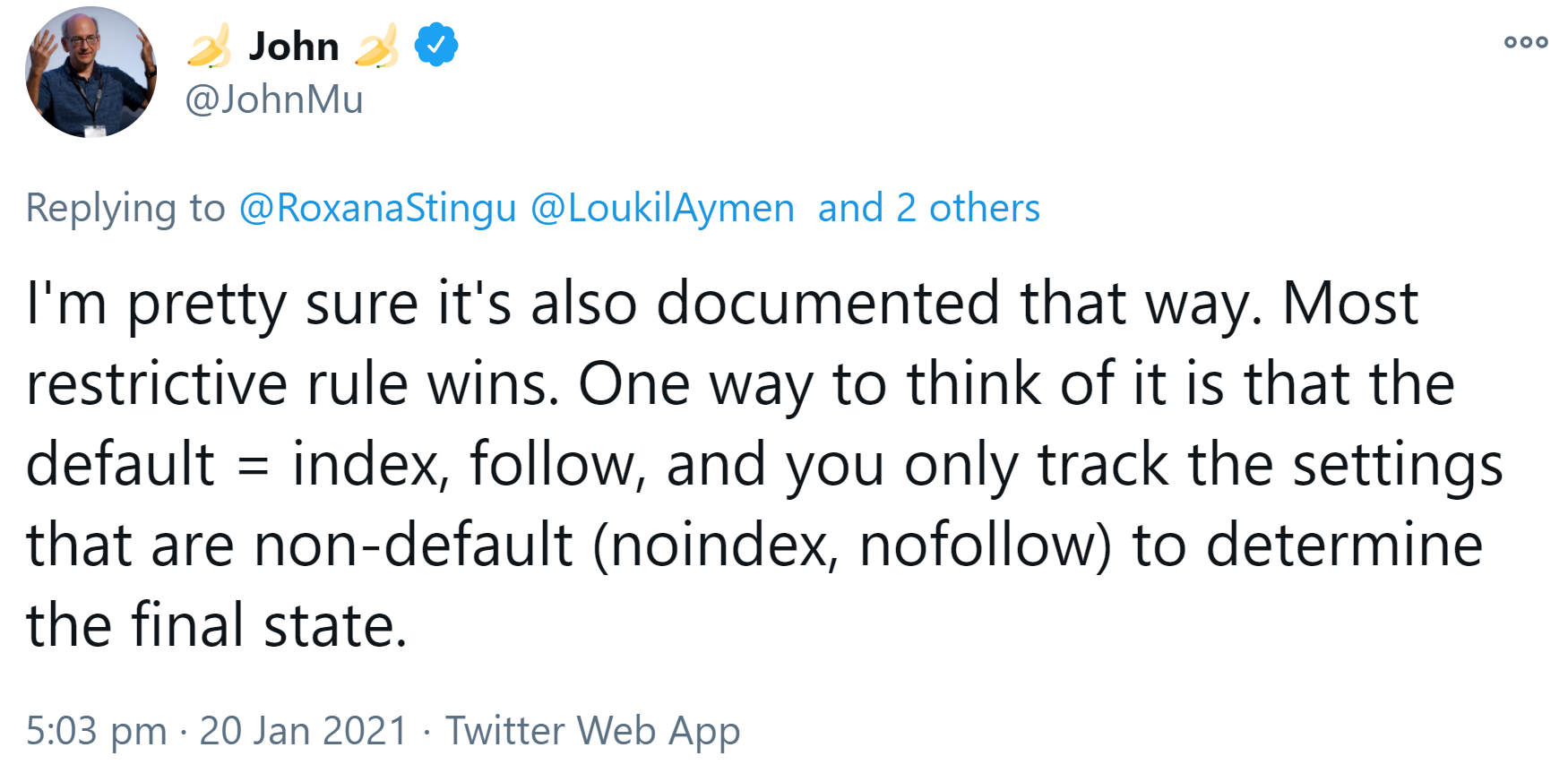 Google: Bei noindex und index sowie bei nofollow und follow gilt die strengere Direktive