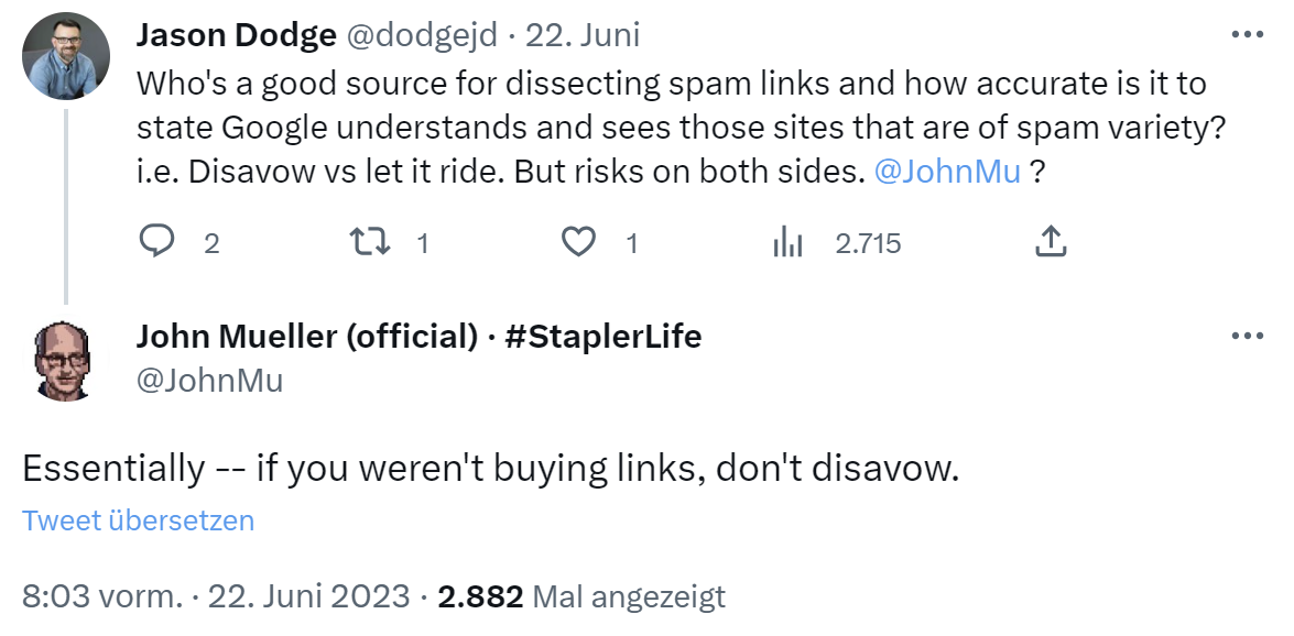 Google: nur bezahlte Links per Disavow abwerten - John Müller auf Twitter