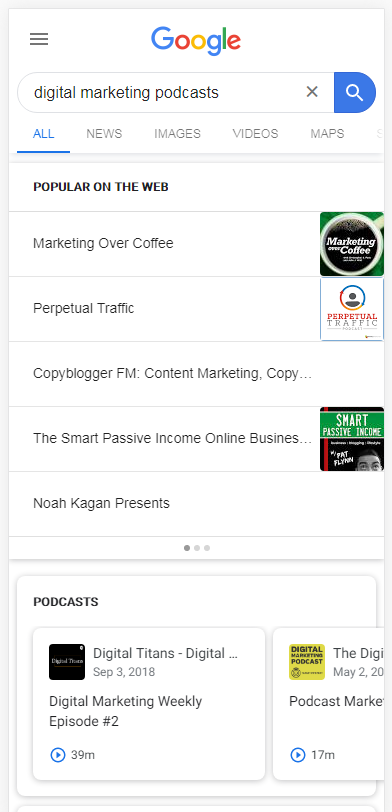 prominente Darstellung von Podcasts auf Google-SERP