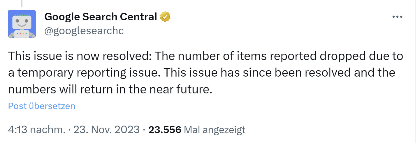 Google: Problem mit gesunkenen Anzahl von URLs in verschiedenen Berichten der Search Console gelöst