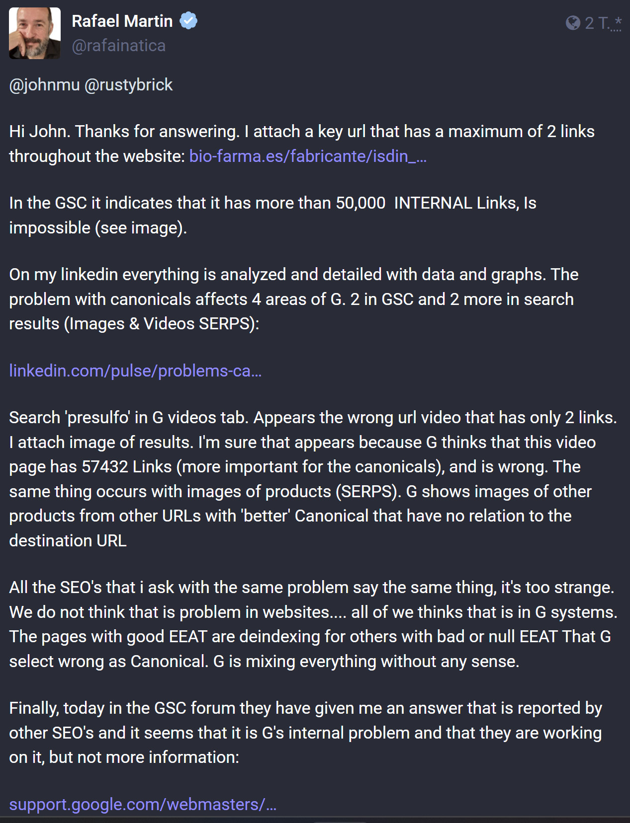 Google Probleme mit Canonical URLs? Rafael Martin auf Mastodon