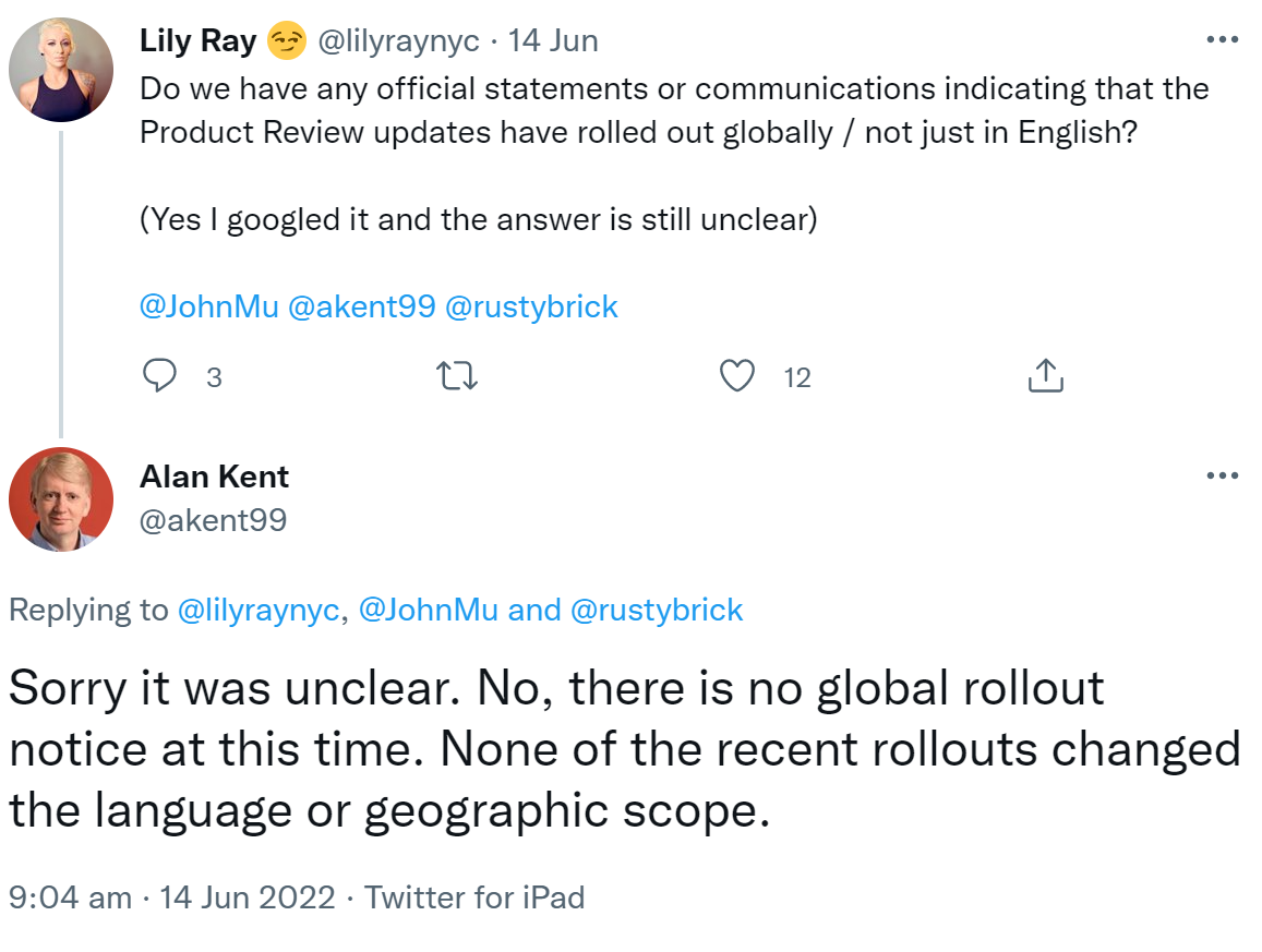 Google Product Reviews Updates bisher nur für englischsprachige Seiten ausgerollt - Alan Kent von Google auf Twitter