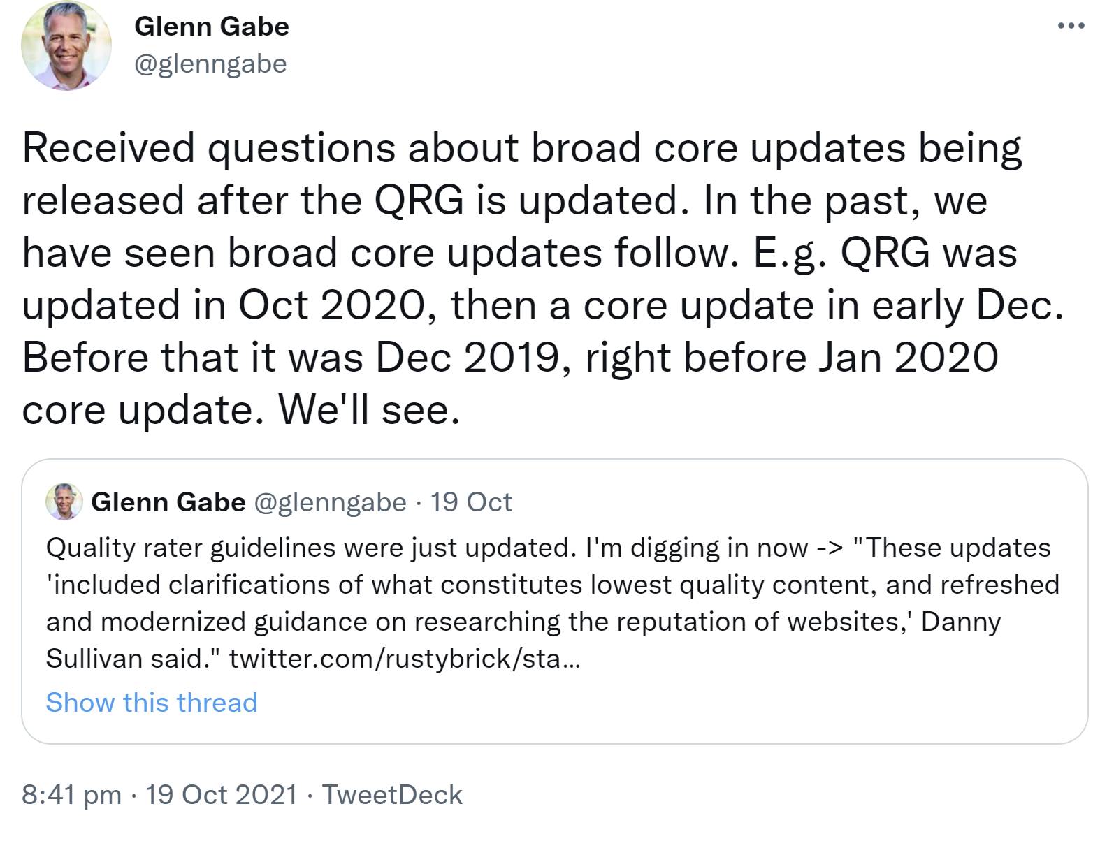 Updates der Google Quality Rater Guidelines und Google Core Updates im zeitlichen Zusammenhang