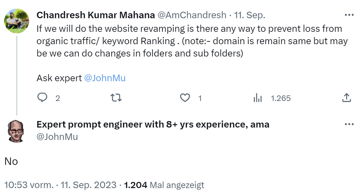 Google: Verluste bei Rankings und Traffic bei Website-Überarbeitung lassen sich nicht vermeiden - John Müller auf Twitter