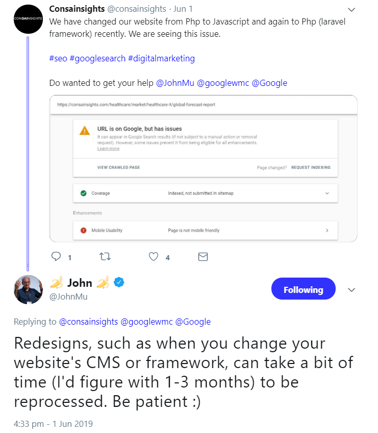 Google: Es kann einen bis drei Monate dauern, bis Redesigns verarbeitet sind