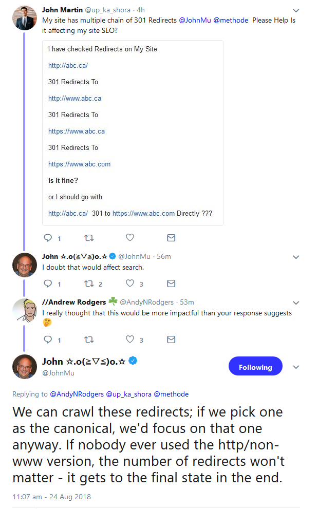 Google: 301-Redirect-Ketten wohl keine Auswirkungen auf die Suche