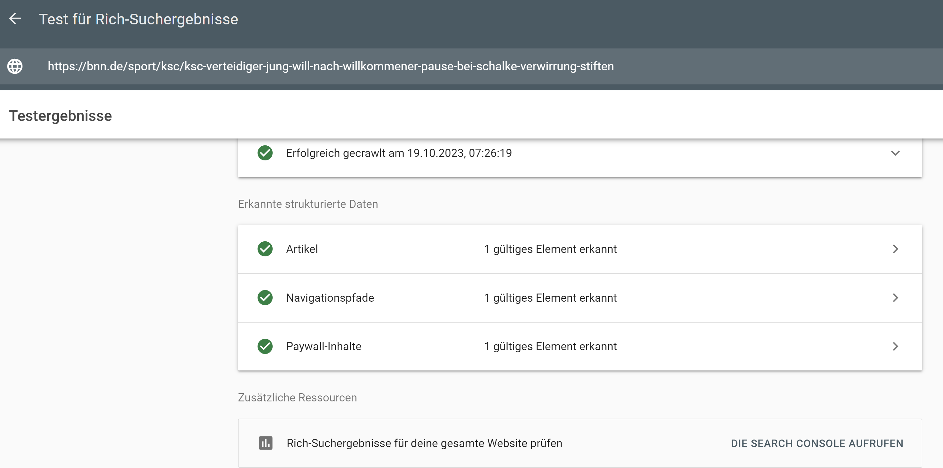 Google Rich Results Test: Ergebnis für Paywall Content