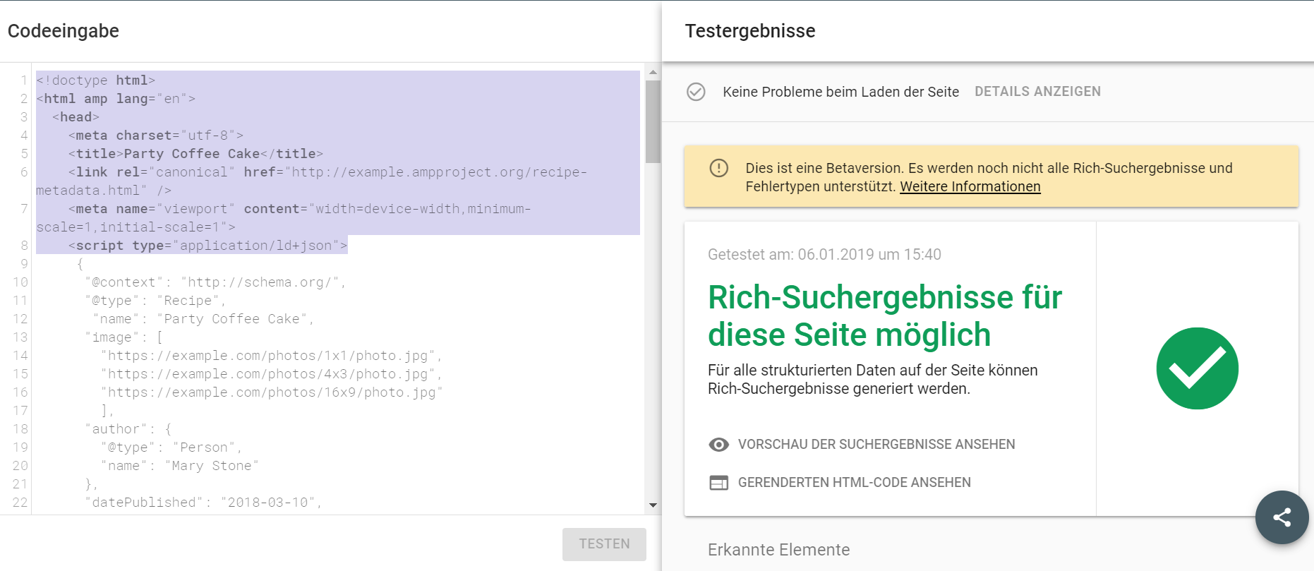 Google Rich Results Testing-Tool: erfolgreiche Überprüfung