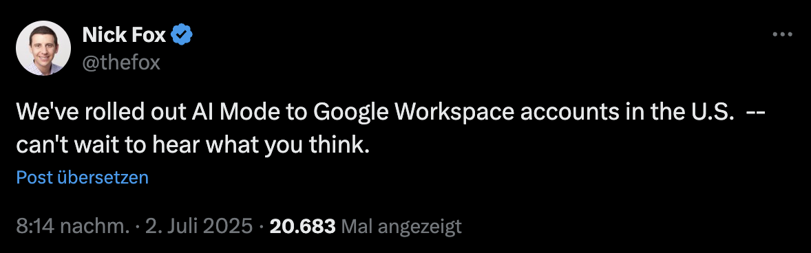 Google rollt den AI Mode für Workspace Accounts in den USA aus