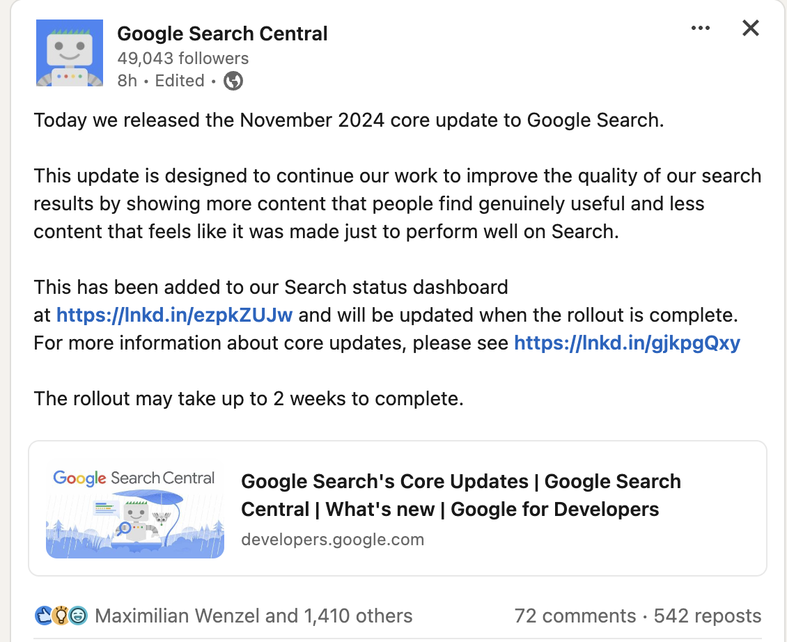 Google rollt November 2024 Core Update aus