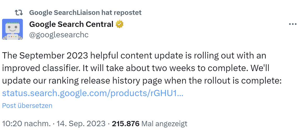 Google rollt September 2023 Helpful Content Update aus