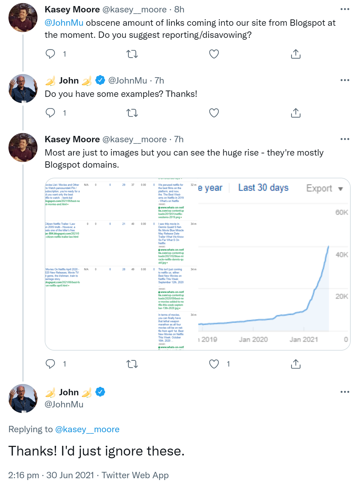 John Müller von Google zur Schwemme von Backlinks von Blogspot-Subdomains: am besten ignorieren.