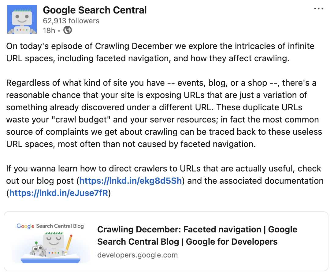 Google Search Central Facettierte Navigation