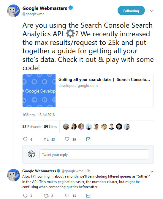 Google Search Console: API jetzt mit maximal 25.000 Ergebnissen pro Abfrage
