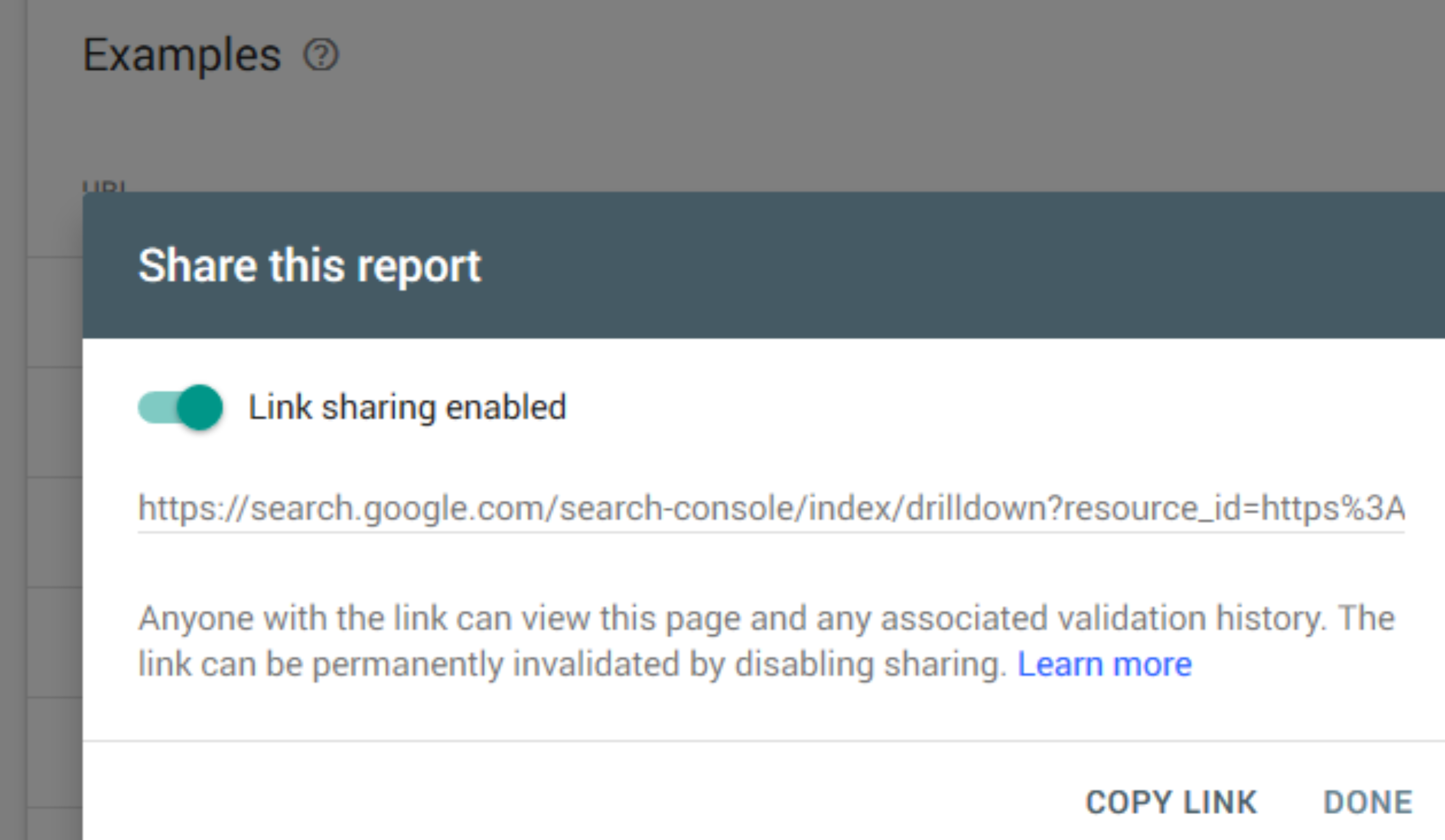 Google Search Console: Dialog zum Teilen von Berichten