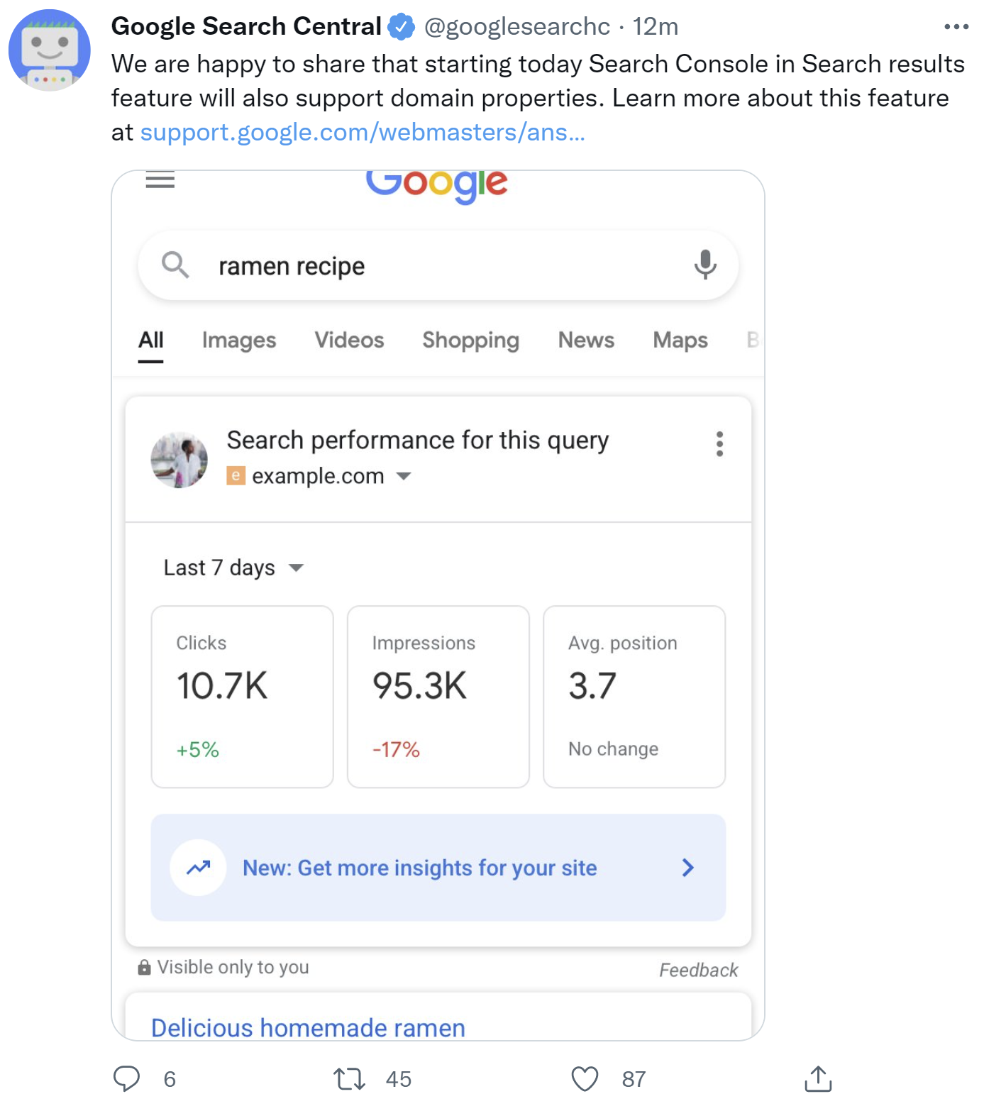 Google: Kennzahlen aus Search Console auf Suchergebnisseiten jetzt auch für Domain Properties verfügbar