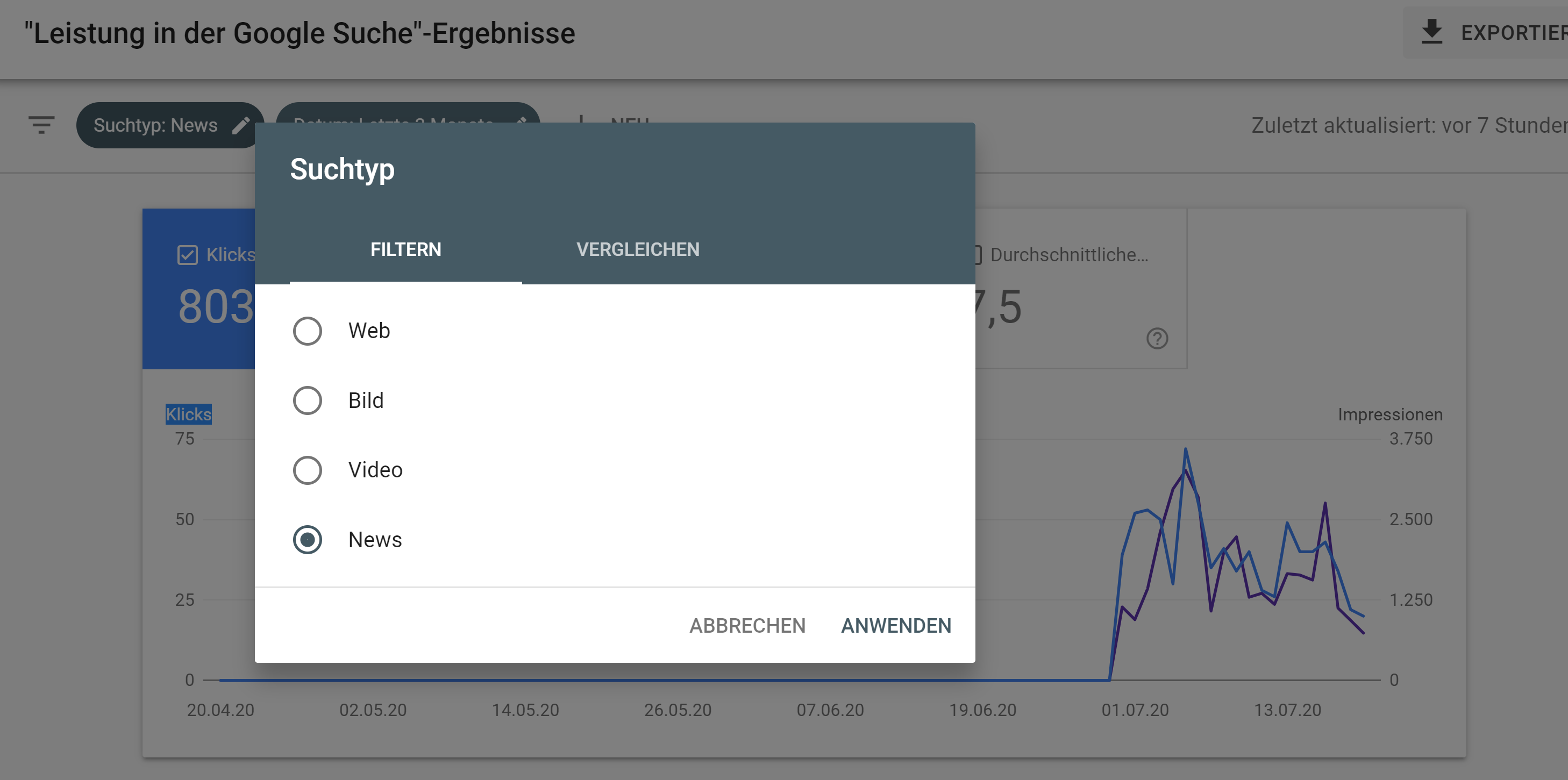 Google Search Console: Filter auf Suchtyp 'News'