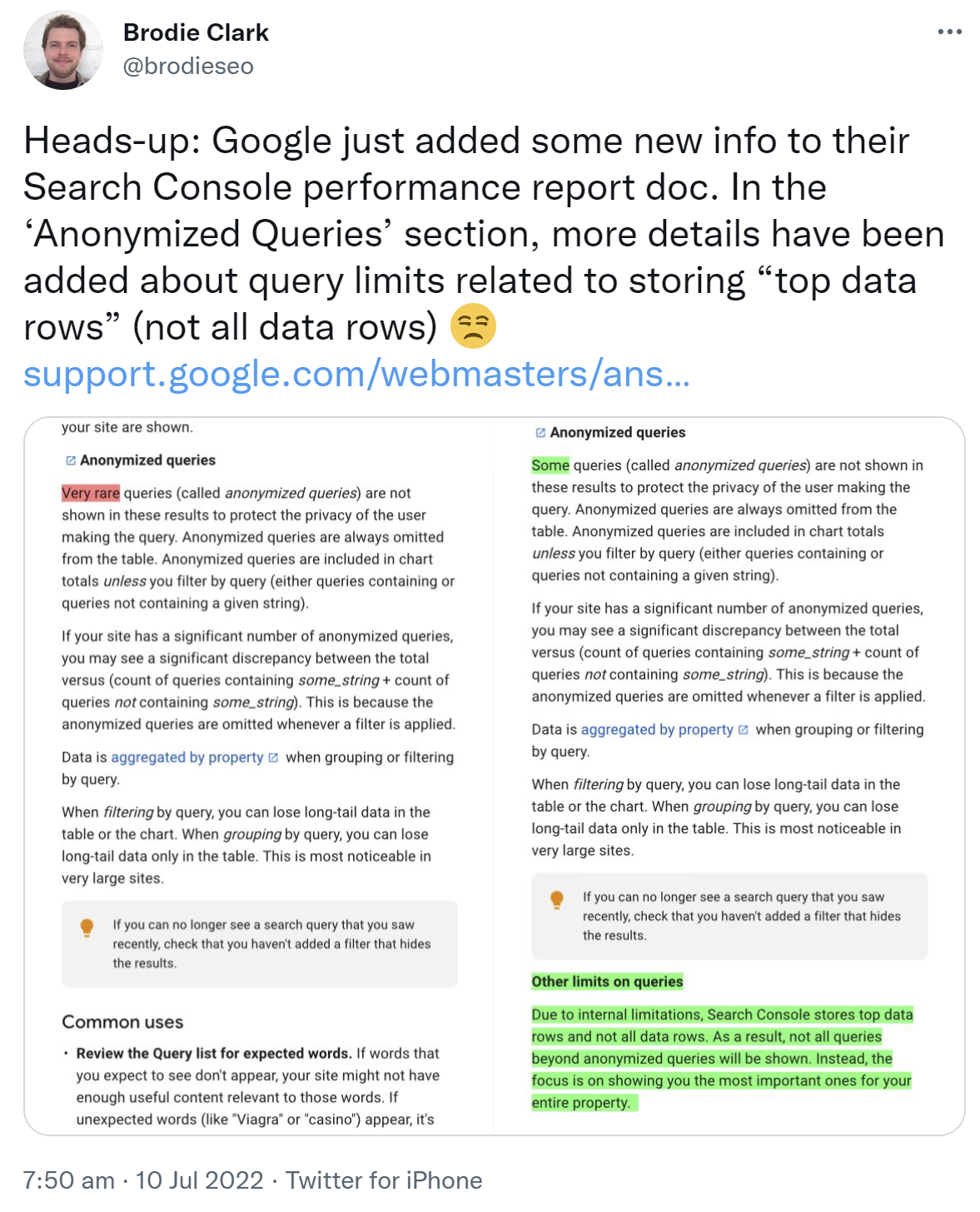 Neuer Hinweis in der Dokumentation zum Leistungsbericht der Google Search Console: Nicht alle Daten werden gespeichert. Brodie Clark auf Twitter