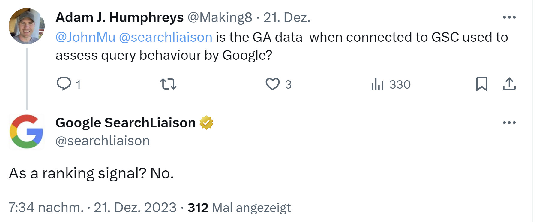 Google nutzt Daten zum Nutzerverhalten bei Verknüpfung von Google Search Console und Google Analytics nicht