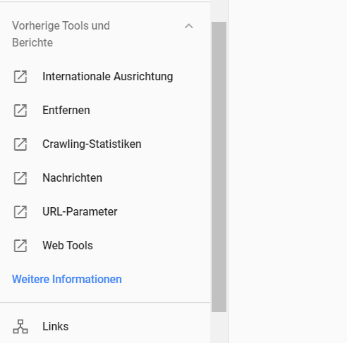 Google Search Console: neues Menü mit Links auf alte Reports