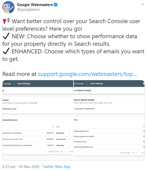 Google Search Console jetzt mit Auswahlmöglichkeit für E-Mail-Benachrichtigungen und Anzeige der Leistungsdaten auf den SERPs