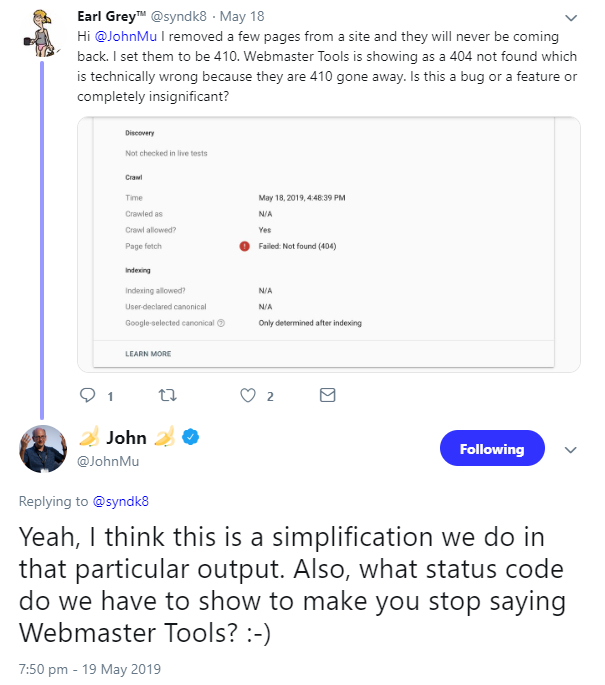 Google Search Console zeigt Status 410 als 404