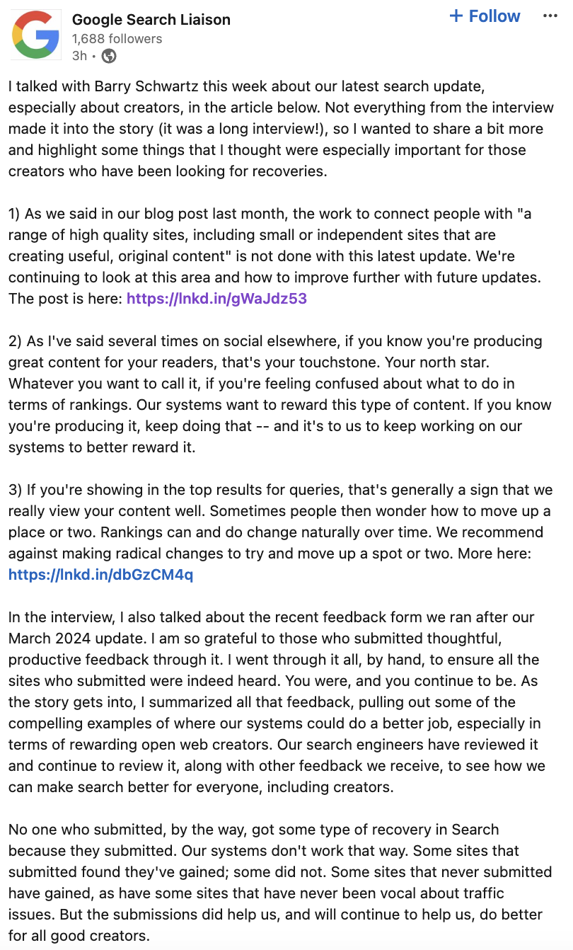 Google Search Liaison zum Core Update vom August auf LinkedIn