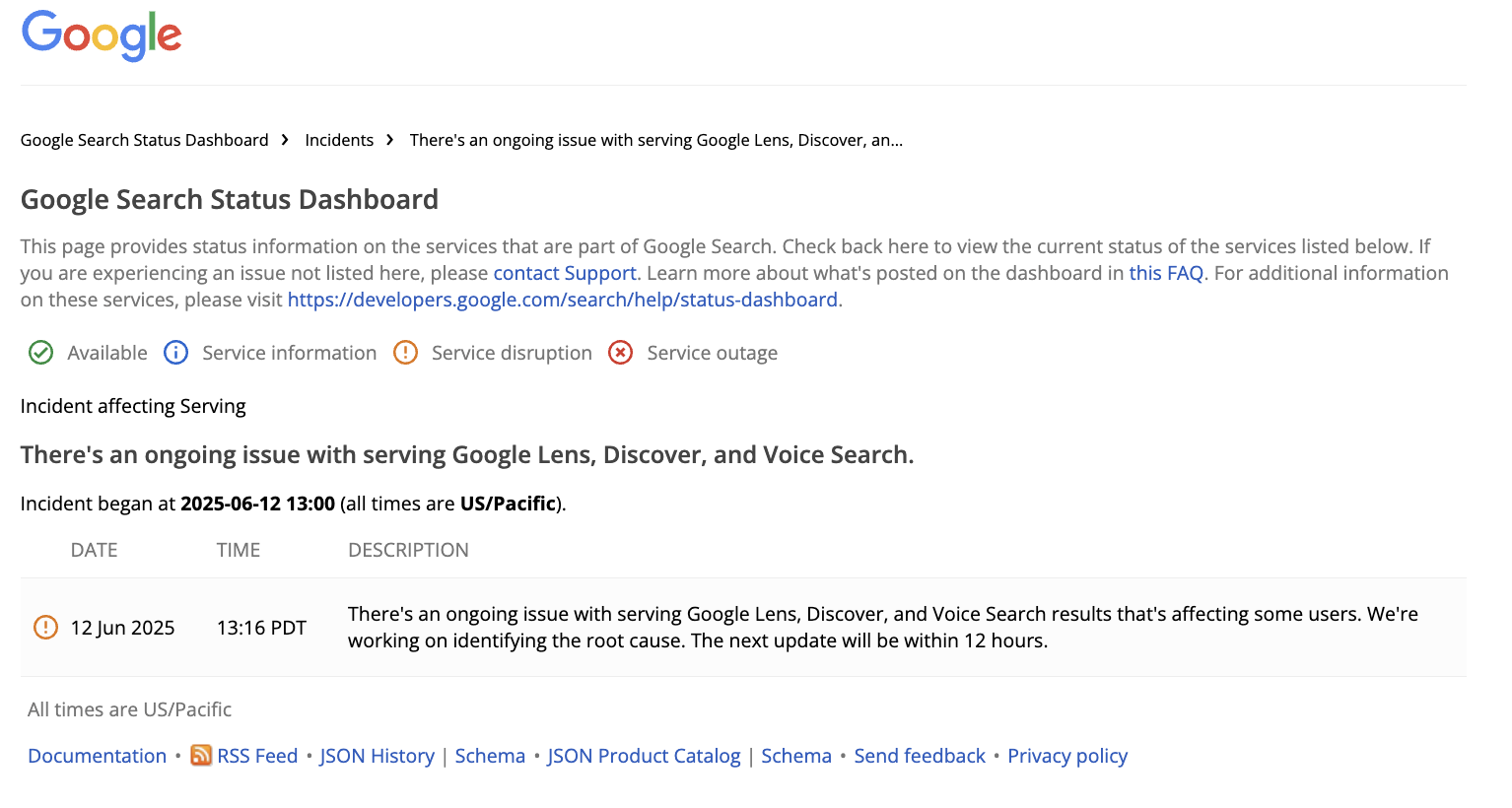 Google Search Status vom 13.06.2025