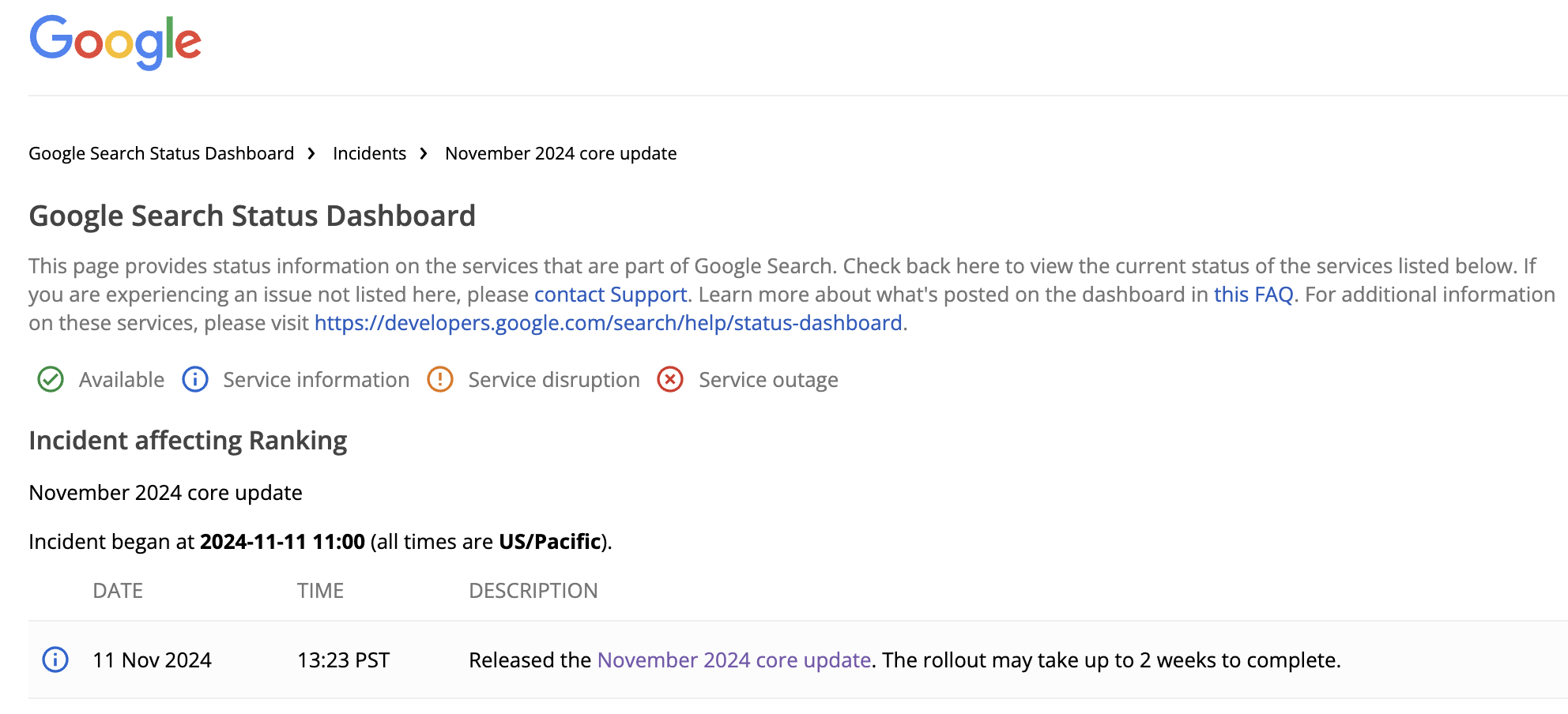 Google Search Status Dashboard