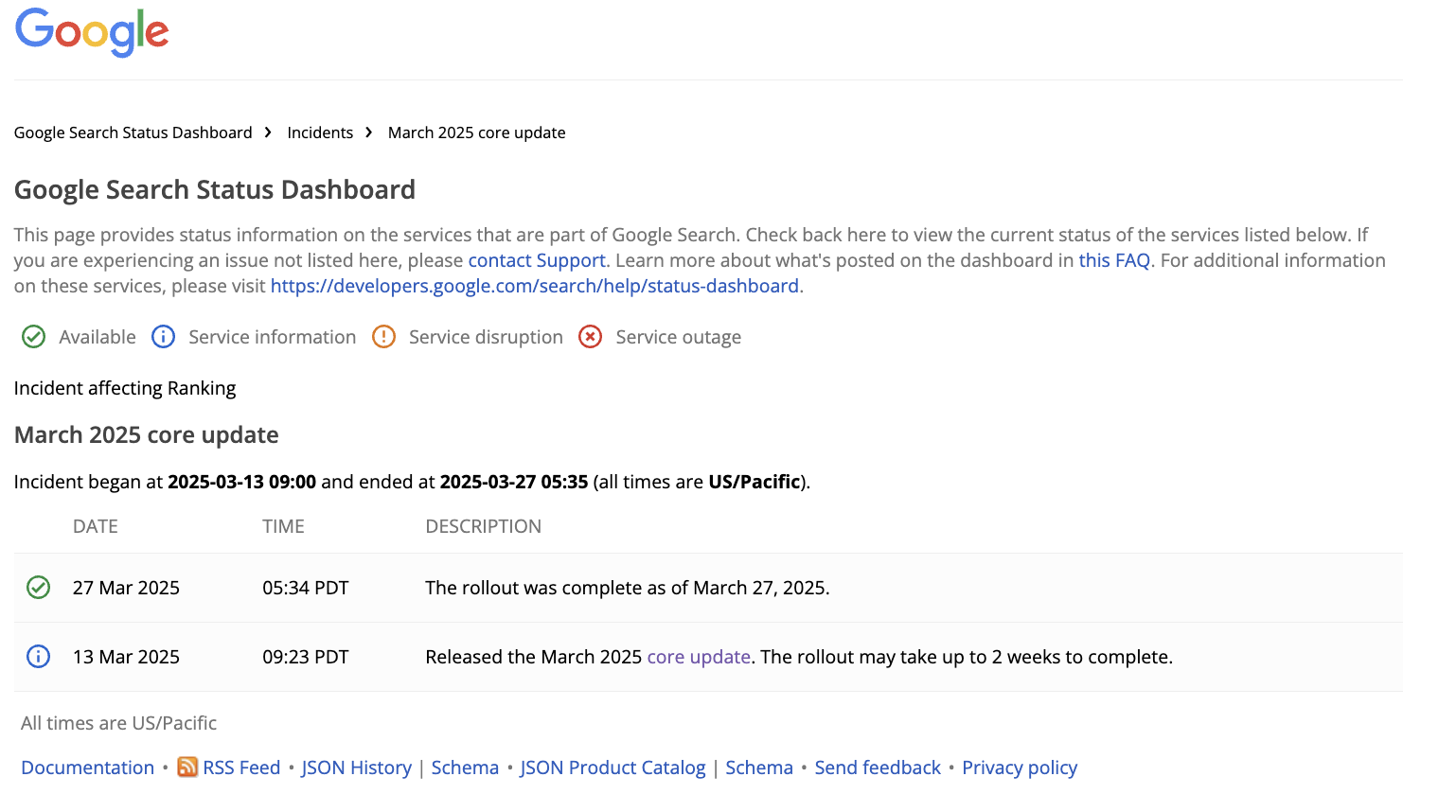 Google Search Status Dashboard vom 27.03.2025