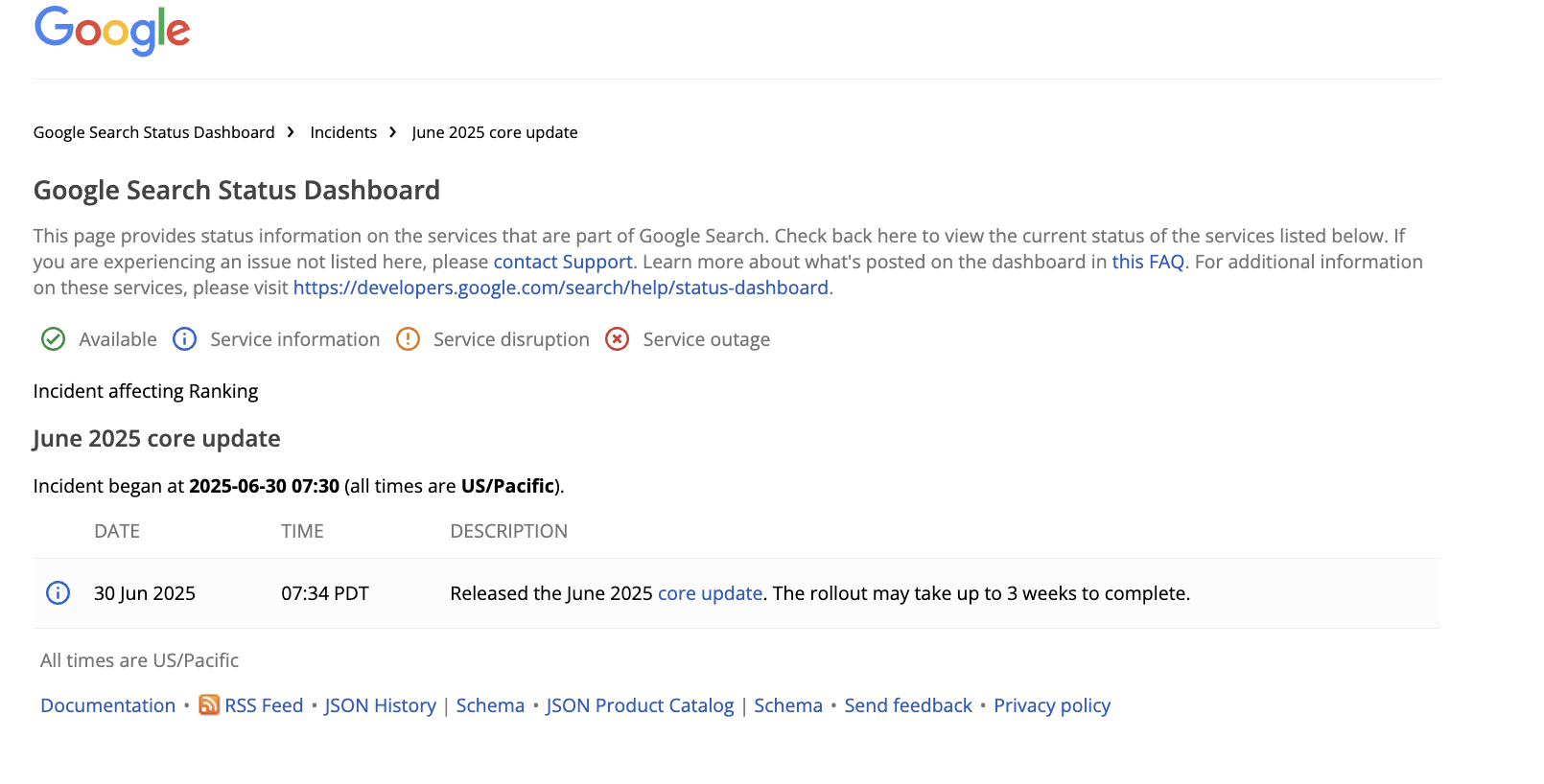 Google Search Status Dashboard vom 30.06.2025