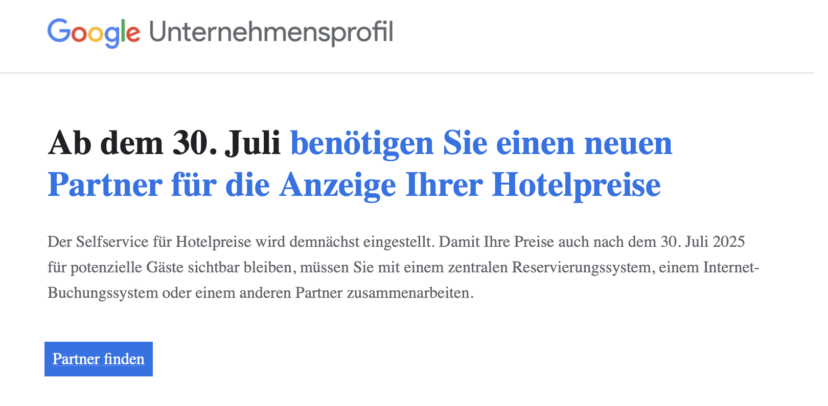 Google Self Service für Hotelpreise wird eingestellt: E-Mail von Google