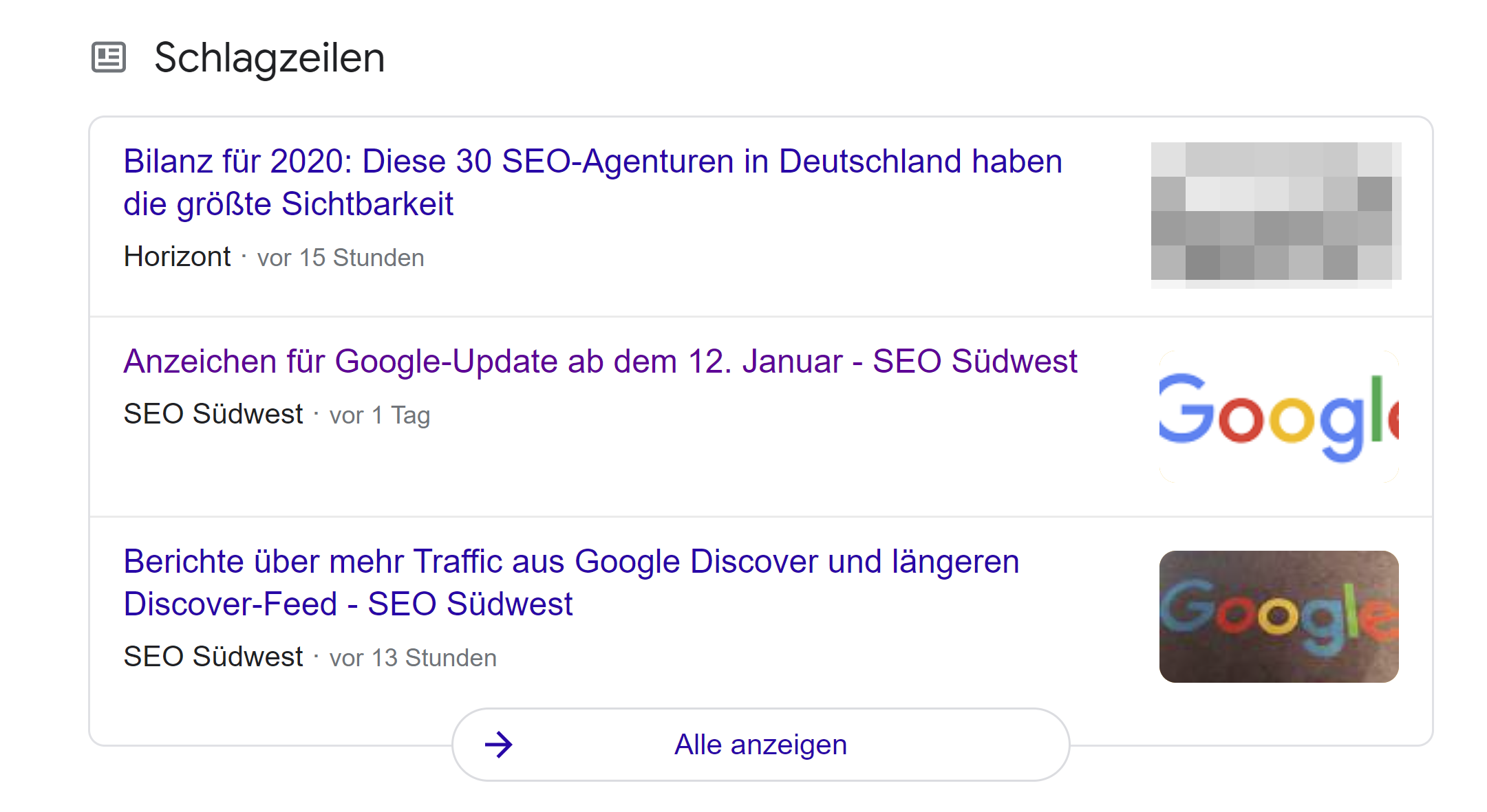 Google SERP mit Schlagzeilen