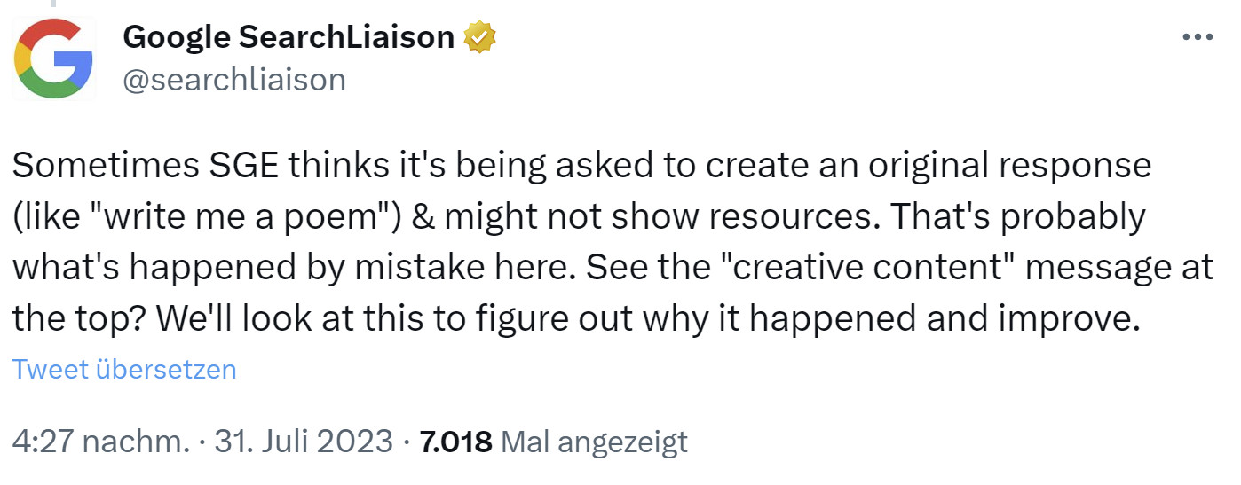 Google SGE verwechselt Antwort-Typ: bei kreativer Antwort keine Quellen