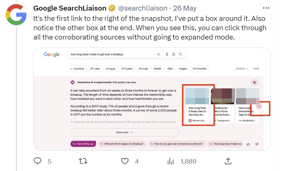 Google SGE: Links zu den im Snapshot verwendeten Quellen werden angezeigt