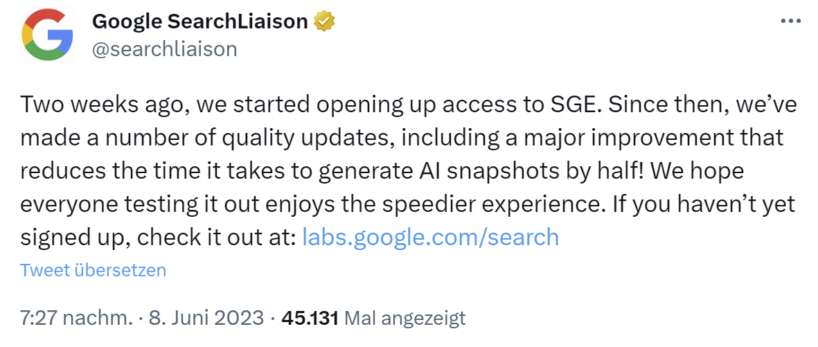 Google SGE: KI braucht jetzt nur noch halb so lange zum Antworten
