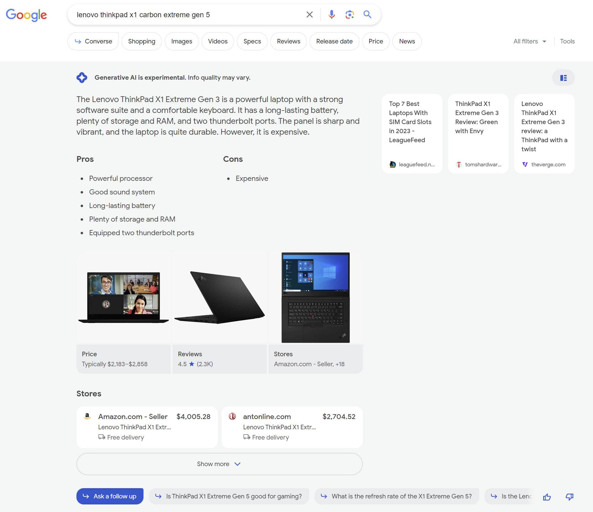 Google SGE: Links auf Shops für Produktsuche