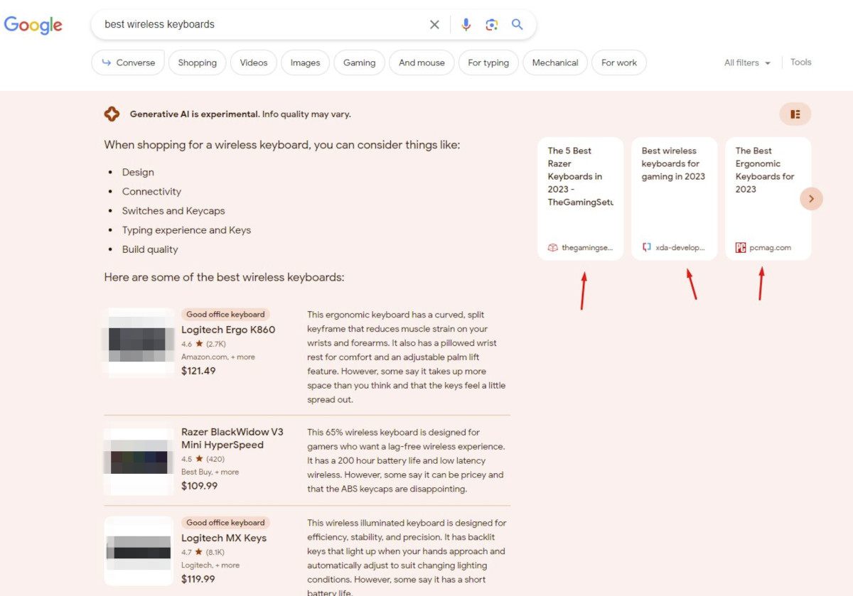 Google SGE: Top-Treffer für Produktsuche in KI-Snapshot
