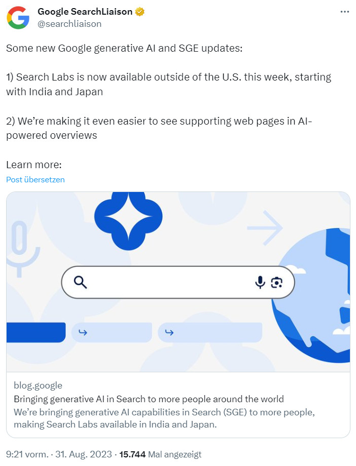 Google: Zugriff auf Google SGE und Google Search Labs auch aus Indien und Japan möglich