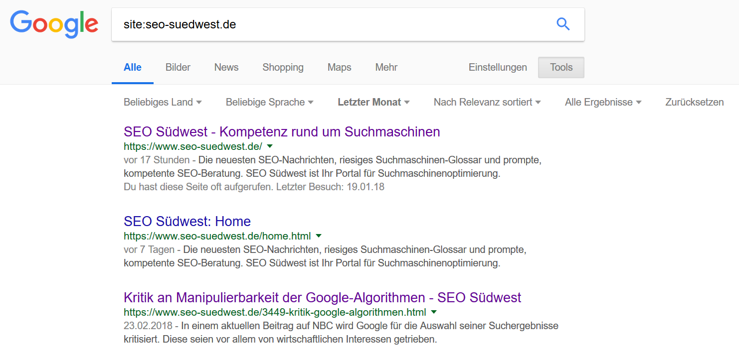 Google: 'site:'-Abfrage mit Beschränkung auf den letzten Monat