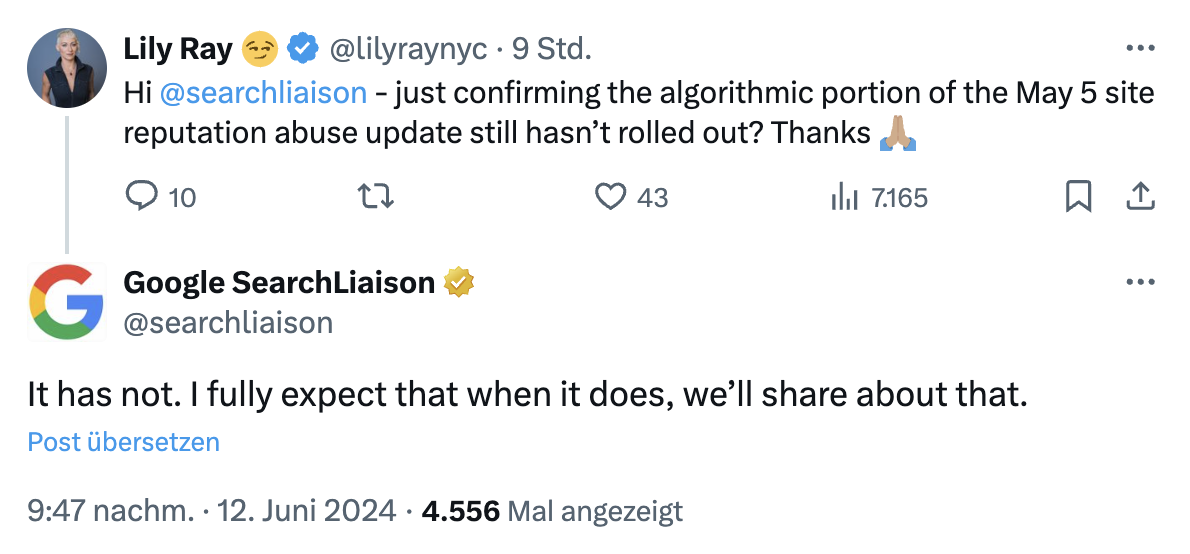 Google: Site Reputation Abuse - Algoroithmische Anpassungen noch nicht online