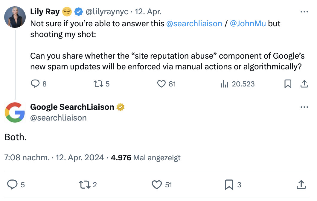Google Site Reputation Abuse kann auch zu manuellen Maßnahmen führen
