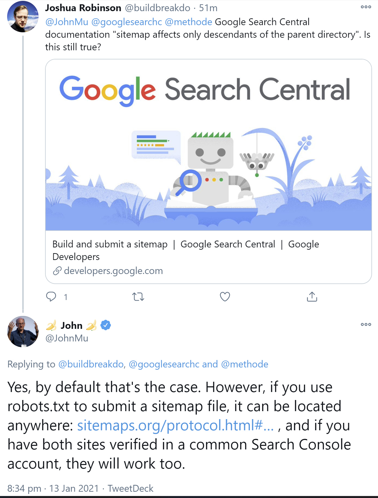 Google: Sitemap gilt nach wie vor nur für die nachgelagerten URLs des übergeordneten Verzeichnisses