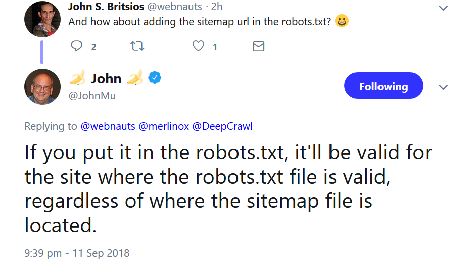 Google: Sitemap, die in robots.txt angegeben ist, ist für die Webseite ebenso gültig