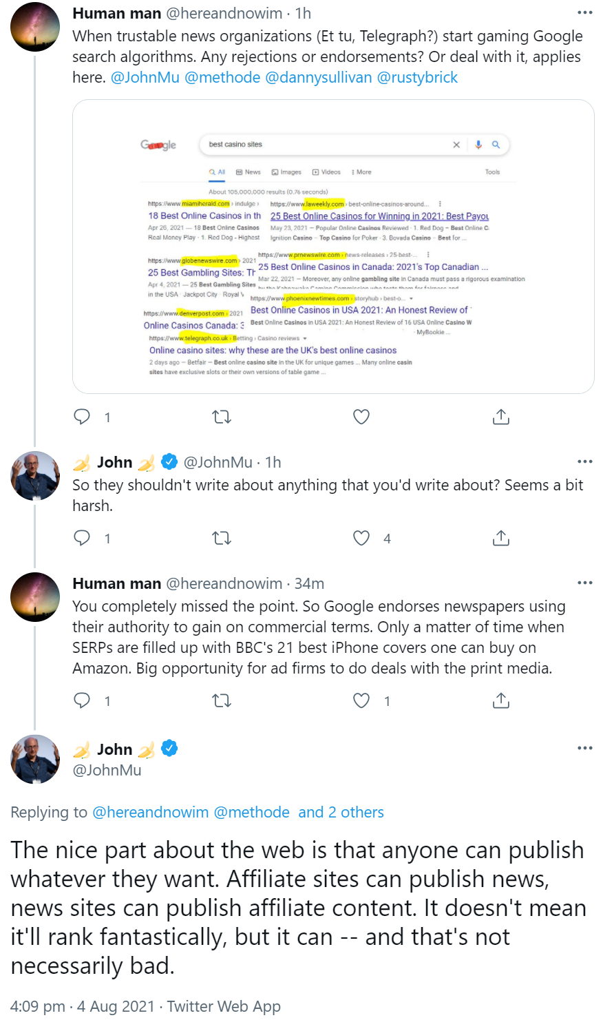 Google: Auch News-Websites können für kommerzielle Themen ranken