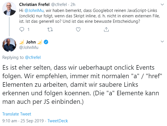 Google: Statt mit onclick besser mit a href für Links arbeiten