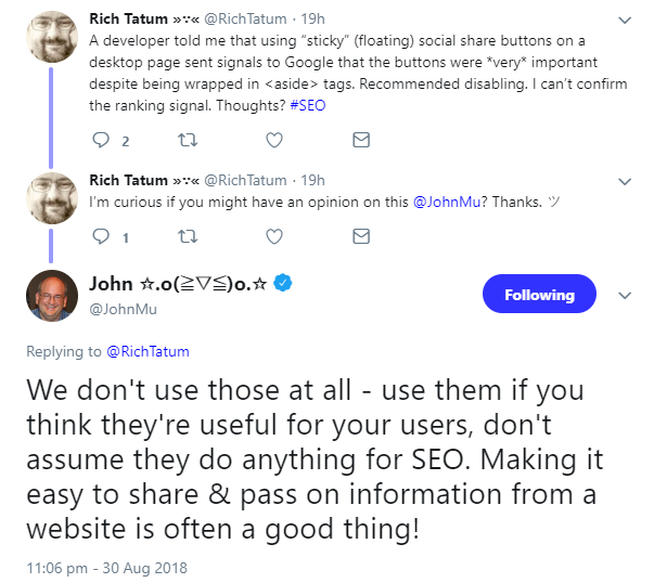 Google: keine Auswirkungen von Sticky Social Buttons auf SEO