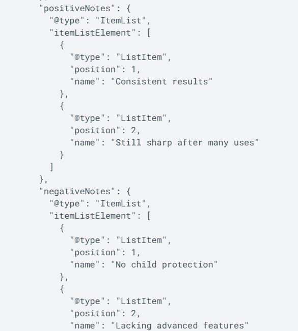 Strukturierte Daten für Pros und Cons: Beispiel