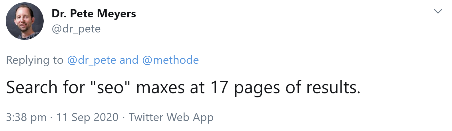 Google: Für Suche nach 'seo' nur 17 Seiten mit Suchergebnissen